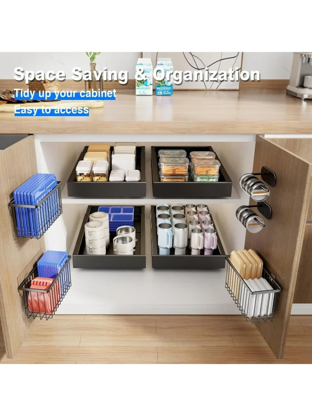 New Black 4 Pack Adhesive Cabinet Door Lid Organizer Wall Mount Basket Set
